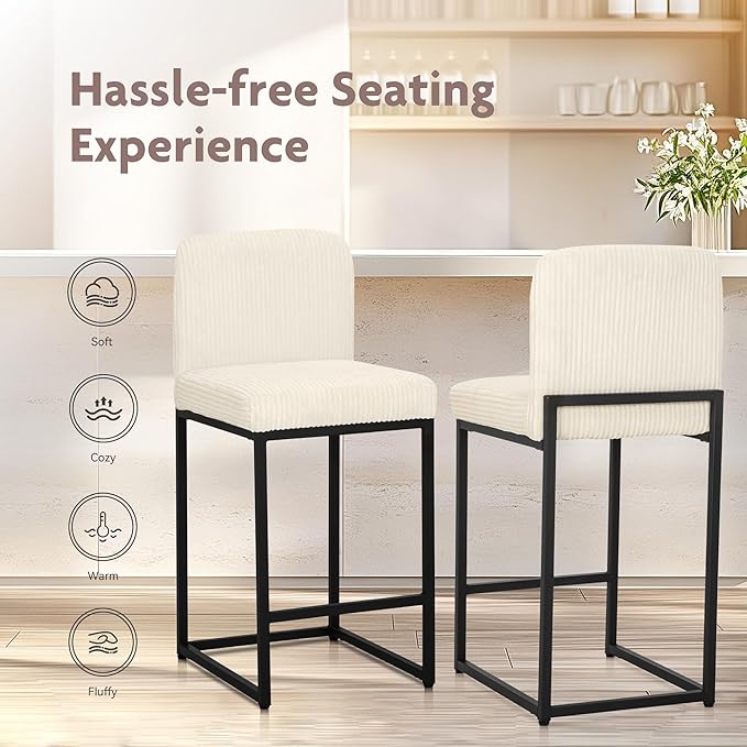 ALPHA HOME 24" Bar Stools Set of 2 Kitchen Counter Stools with Back, Counter Height Stools with Upholstered Footrest for Kitchen Island, Metal Steel Frame, Corduroy, Ivory