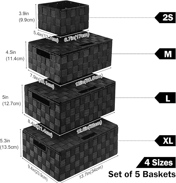 Storage Bins Baskets for Organizing with Lids, Storage Baskets for Shelves Stackable Woven Basket, Gift Small Basket Storage Cubes, Decorative Wicker Basket with Built-in Handles (5 Pack, Black)