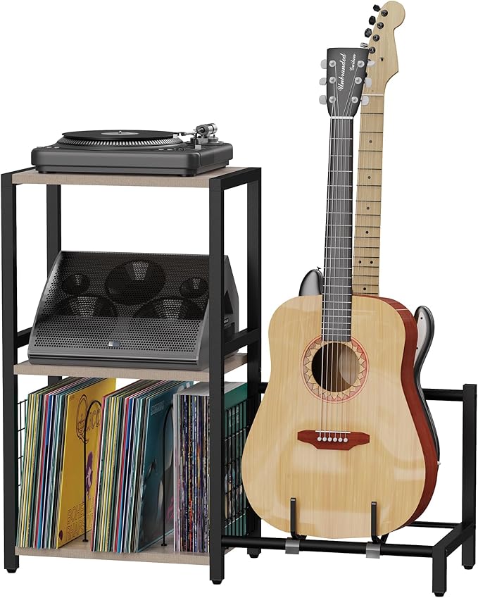 End Table with Guitar Stand,Record Player Stand,Vinyl Records Storage,2-Tier Guitar Stand for Acoustic,Turntable Stand for Music Studio,Grey