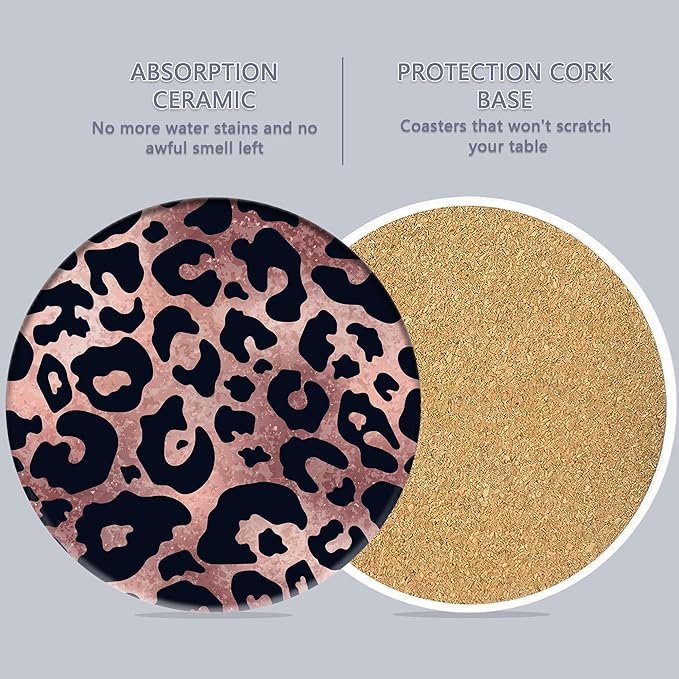 Drink Coasters Set of 6 with Holder, Leopard Print Pink Absorbent Ceramic Coasters with Cork Base,Fit All Cups,Great Gift for Housewarming,Room Decor,Bar,Holiday Party