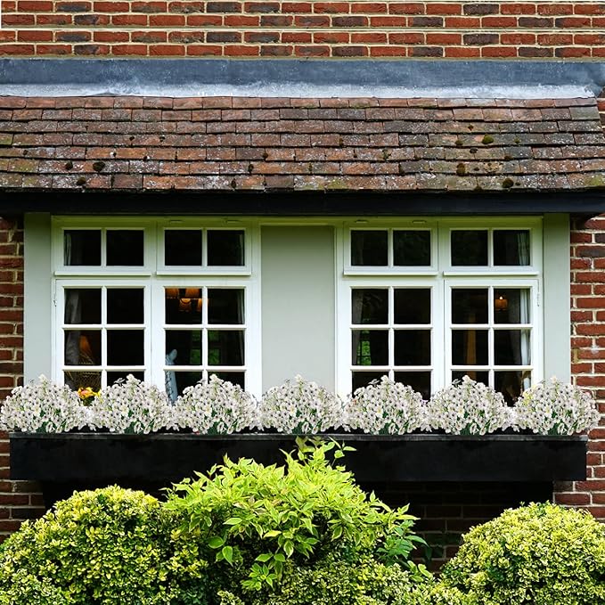 15 Bundles Artificial Flowers UV Resistant Outdoor Plants No Fade Faux Plastic Shrubs Fake Silk Flowers Window Box Garden Porch Home Decoration(White)