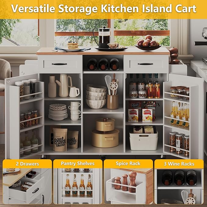 51.5'' Rolling Kitchen Island with Storage Cabinet & Drawers, Drop Leaf Kitchen Cart on Wheels, Farmhouse Portable Mobile Islands, Large Butcher Block Table with Tower/Spice Rack, White