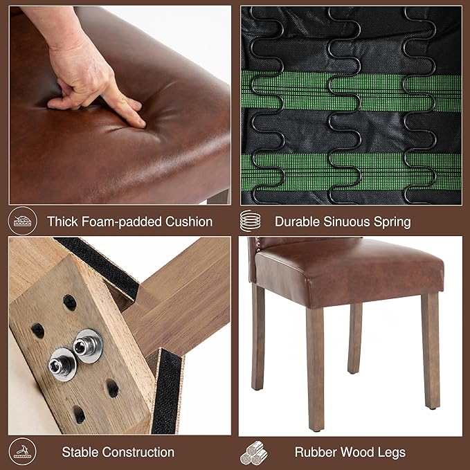 Stylish Upholstered Parsons Dining Chair PU Faux Leather with Silver Nailhead Trim and Sturdy Solid Wood Legs