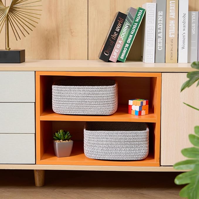 Small Square Shallow Baskets for Organizing, 9.7x9.7x4.3 Inch Rope Woven Storage Bins for Cubes Closet, Shelves Storage, Boho Decorative Basket, 2 Packs Mixed Grey