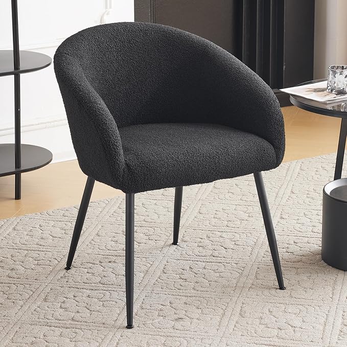 Modern Small Accent Chair, Comfy Sherpa Makeup Vanity Chair with Metal Legs, Decorative Chair no Wheels for Living Room, Dressing Room, Bedroom, Black