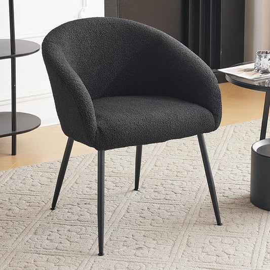 Modern Small Accent Chair, Comfy Sherpa Makeup Vanity Chair with Metal Legs, Decorative Chair no Wheels for Living Room, Dressing Room, Bedroom, Black