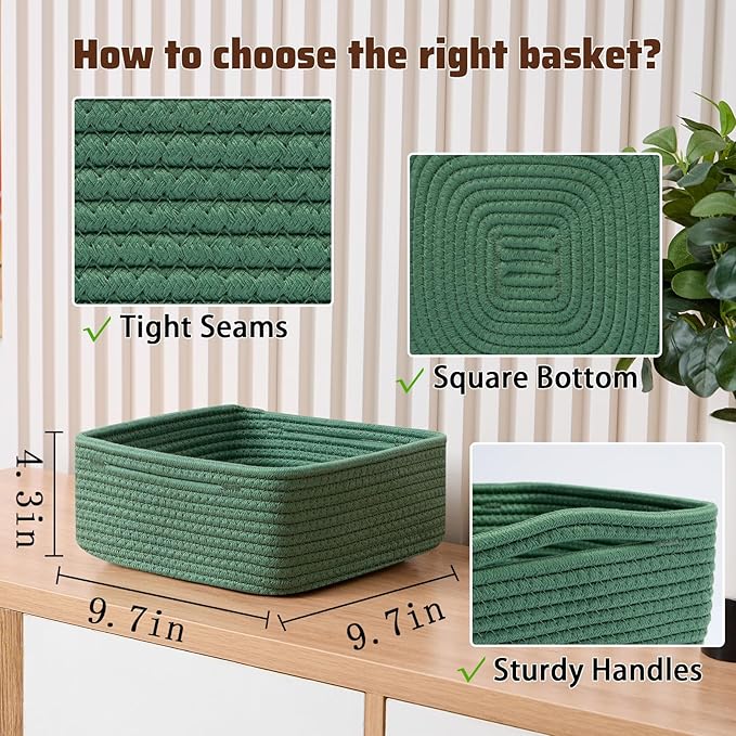 Small Square Shallow Baskets for Organizing, 9.7x9.7x4.3 Inch Rope Woven Storage Bins for Cubes Closet, Shelves Storage, Boho Decorative Basket, 2 Packs Green