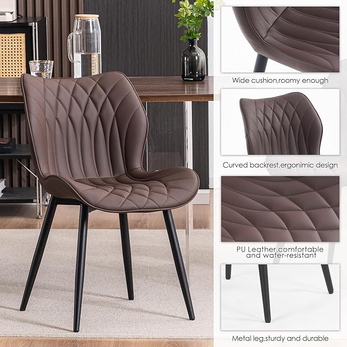 Kidol & Shellder Modern Dining Chairs Set of 2 Comfy Dining Room Chairs with Thick Cushions PU Leather Upholstered Kitchen Side Chairs with Metal Legs Brown