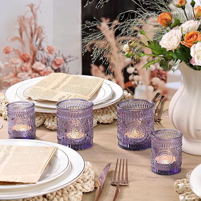 Volens 20pcs Assorted Purple Votive Candle Holders with 20pcs Tealight Candles, Large Glass Votive & Tea Light Candle Holder for Wedding Table Centerpieces, Christmas Party Decorations, Home Decor
