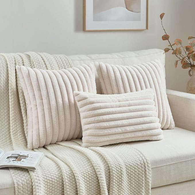 FUTEI Beige Striped Decorative Throw Pillow Covers 12x20 Inch Set of 2,Rectangle Spring Decorations Couch Lumbar Pillowcase,Soft Cozy Faux Rabbit Fur & Velvet Back,Modern Home Decor for Bed