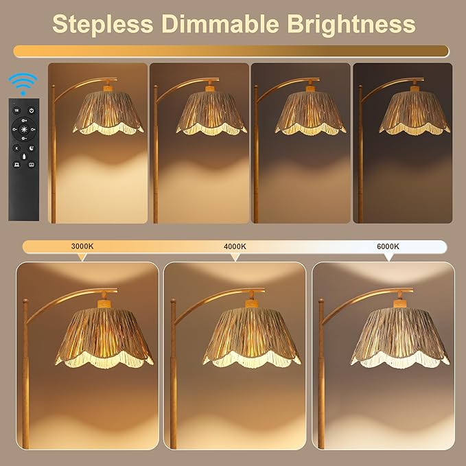 Oneach Boho Floor Lamp for Living Room with Remote & Dimmable Bulb, Farmhouse Floor Lamps with 3 Color Temperatures, Rattan Floor Lamp for Bedroom, Walnut