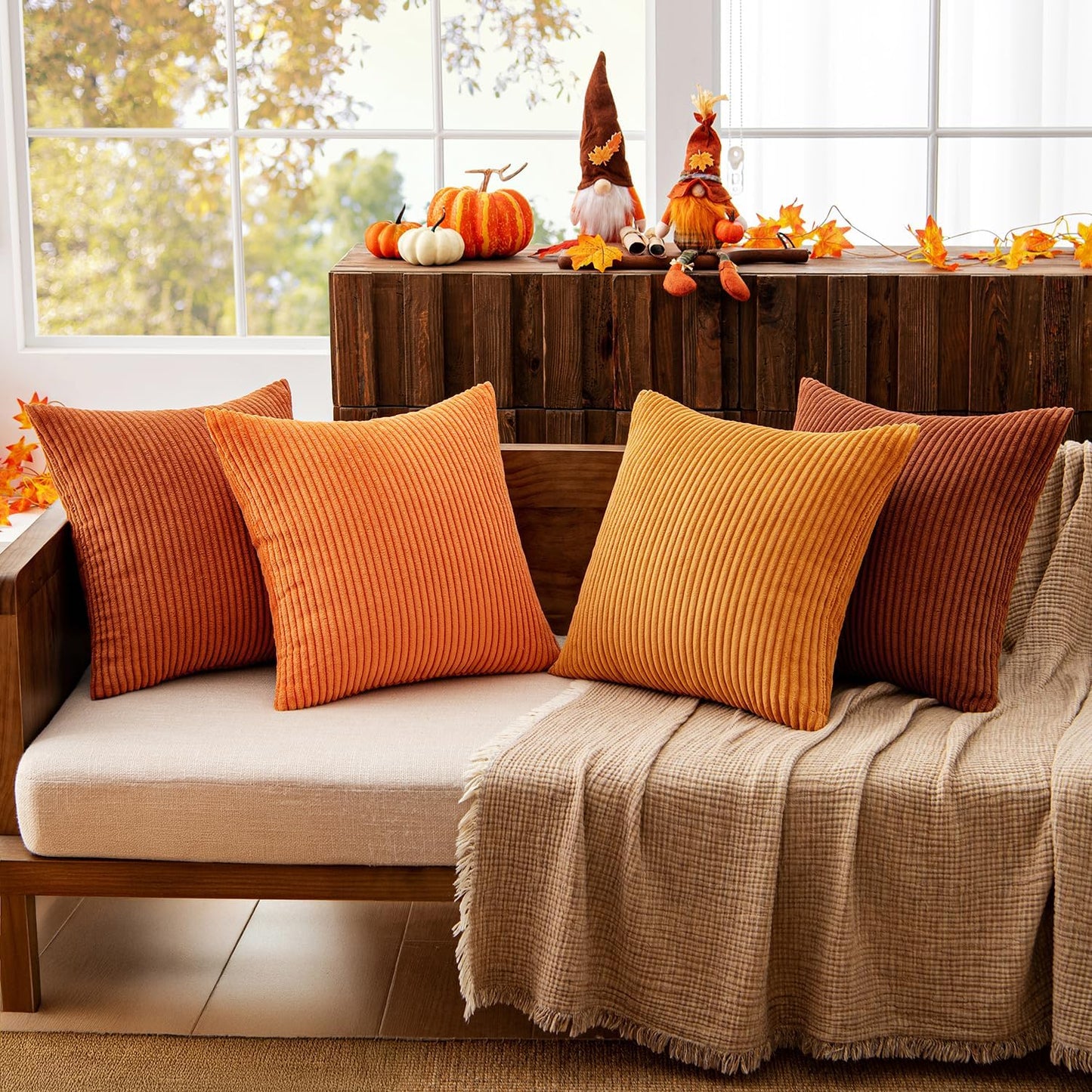 MIULEE Boho Farmhouse Fall Throw Pillow Covers 18x18 Inch Set of 4 Mordern Nordic Cushion Covers Soft Corduroy Home Decor for Couch Bed Sofa Living Room Orange Rust