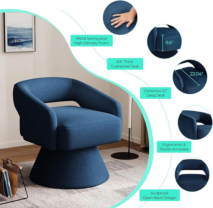 LINSY Swivel Accent Chair, Small Barrel Chair 360 Swivel Modern Armchair, Upholstered Reading Chair for Small Spaces Living Room, Vanity Chair for Bedroom, Blue