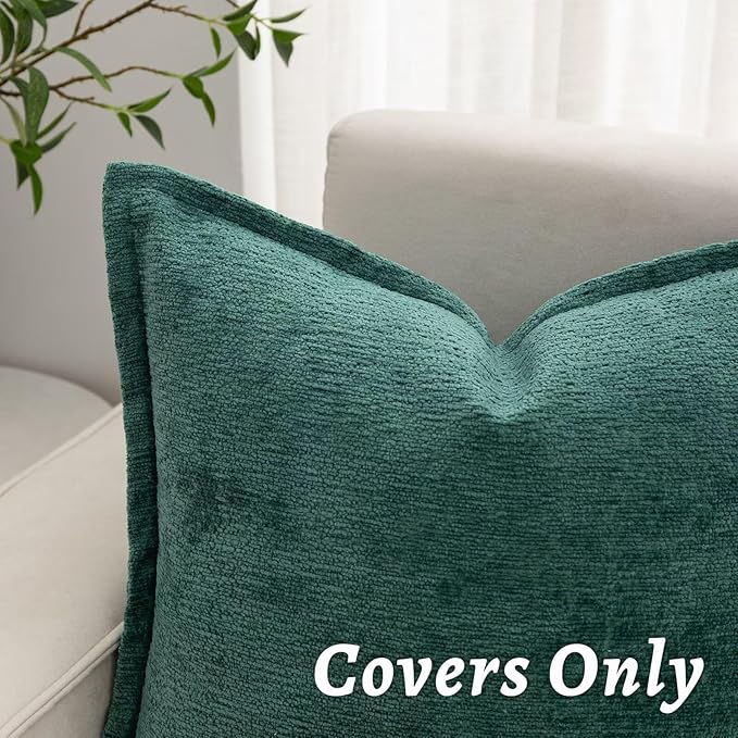 Green Decorative Throw Pillow Covers 24x24 Inch Set of 2 Cozy Soild Chenille Cushion Cases Soft Textured Square Couch Pillows Cover Boho Accent Farmhouse Pillowcases for Sofa Bed