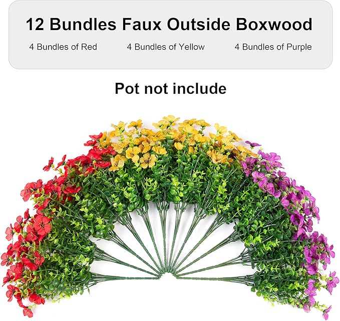 Fall Mums Artificial Flowers for Outdoors Potted, 12 Bundles Fake Fall Daisy Flower with Realistic Eucalyptus Leaves, Fake Plants for Greenery Boxwood Porch Patio Garden Pot Lawn(Red Purple Yellow)