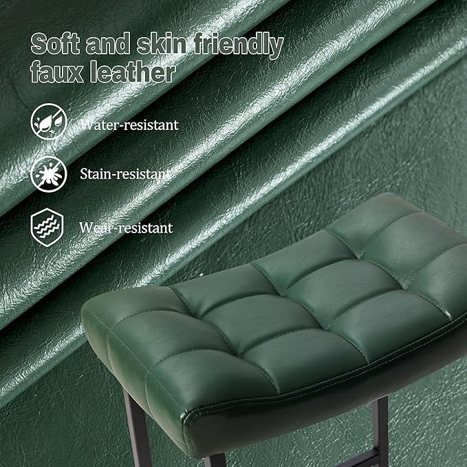 Modern Bar Stools Set of 2 for Kitchen Counter 24 inch Counter Height Backless Barstools with Upholstered Faux Leather Saddle Seat and Metal Frame Industrial Bar Chairs, Dark Green