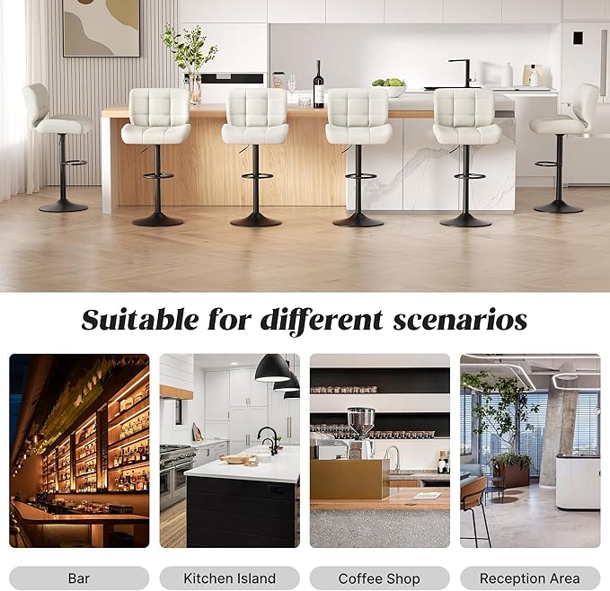 Modern Bar Stools Set of 6, Faux Leather Upholstered Swivel Bar Stools, Adjustable Counter Height Bar Chairs with High Back and Footrest for Kitchen Island (Beige)