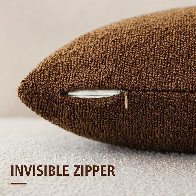 Foindtower Pack of 2, Decorative Textured Boucle Throw Pillow Covers Neutral Accent Solid Pillow Cases Cozy Soft Couch Cushion Case for Chair Sofa Bedroom Living Room Home Decor 22x22 Inch Hazel Brown