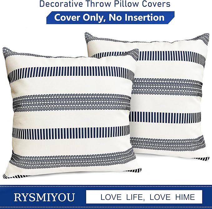 Decorative Throw Pillow Covers Set of 2 Blue Boho Striped Pillow Covers 20x20 Inch Throw Pillow Cover Linen Pillowcase Farmhouse Outdoor Pillow Covers for Couch Sofa Bed Living Room