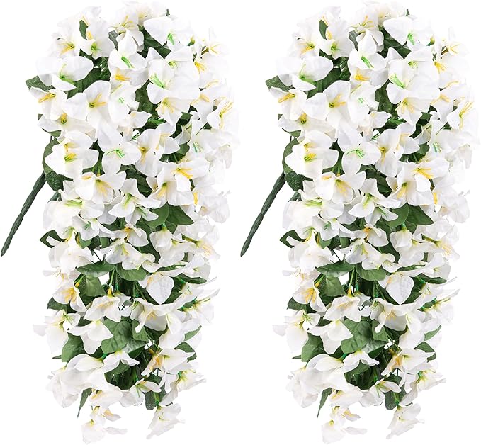 Bougainvillea Artificial Hanging Flowers Plants for Outdoors Decoration, 2pcs Fake Flowers Silk Bougainvillea Vines Realistic UV Resistant Faux Flowers for Outdoor Planters Patio Urn, White