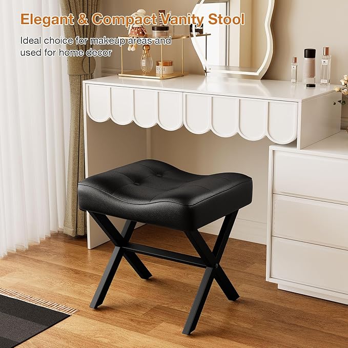 18-Inch Large Leather Vanity Stool, Vanity Chair with Metal X-Leg, Ottoman Accent Stool with Thick Padded Saddle Seat, Black
