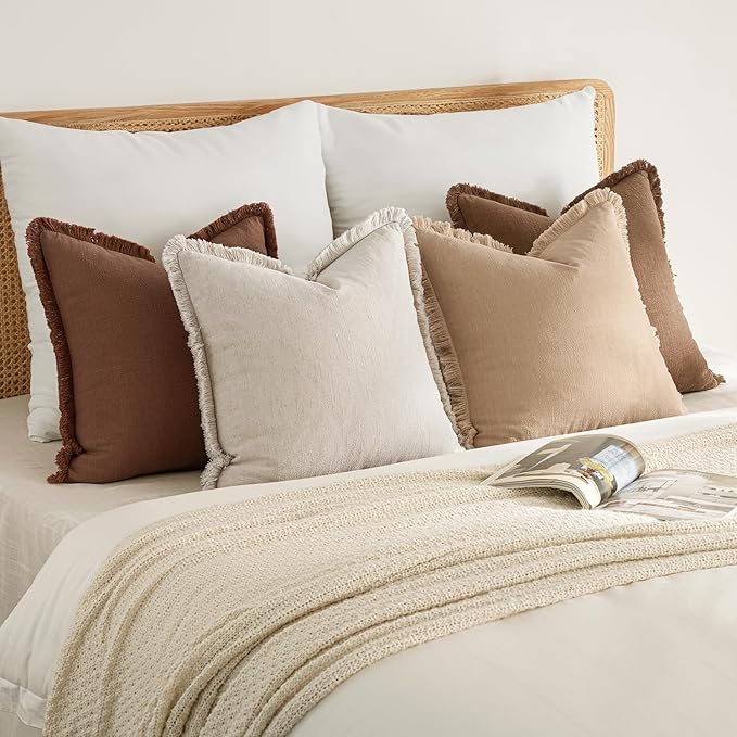 MIULEE Fall Decorative Couch Pillow Covers Neutral Linen Fringe Throw Pillows Set of 4 Accent Rustic Cushions Boho Farmhouse Pillowcases for Bed Sofa Living Room Home Decor 18x18 Inch Beige/Brown
