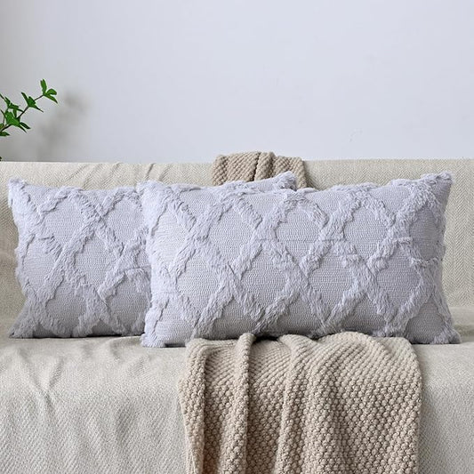Set of 2 Soft Moroccan Throw Pillow Covers 12x20 Inch Plush Boho Decorative Pillow Cover Accent Cushion Case for Couch Sofa Bed, Grey