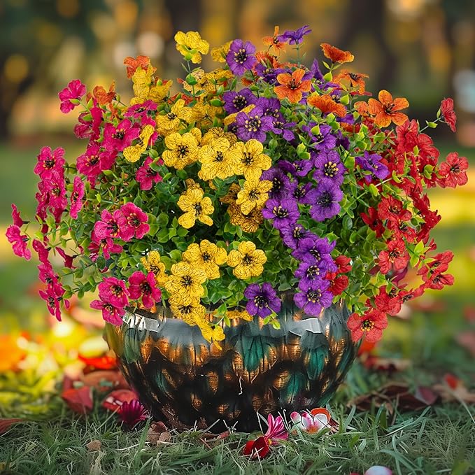 10 Bundles Artificial Faux Flowers for Outdoor,10Pcs Fake Flowers for Home Decor,Plastic Flowers Shrubs Lifelike Artificial Greenery Home Porch Stems Outside Decor(Mix)