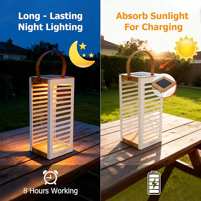 Solar Lantern with Handle - Outdoor Metal Solar Light (7.87×19.69"), Waterproof & Rustproof, 8H Auto-On Warm White Light, Portable for Patio, Porch, Balcony & Garden Decor (White - 1 Pack)