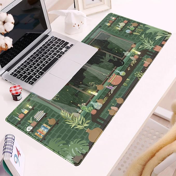 Kawaii Rainy Night Desk Mat Green Plants Gaming Mouse Pad XL, Aesthetic Anime Black Cat Desk Pad Laptop Computer Keyboard Mouse Mat, Desktop Decor Accessories for Girl Women Office 31.5"x11.8"