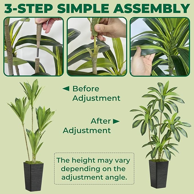 5FT Artificial Dracaena Tree with Black Planter and Fake Moss - Real Touch Fake Plant for Home & Office Decor, Faux Yucca Indoor Floor Tree, Low Maintenance, Non-Fading Silk Plants