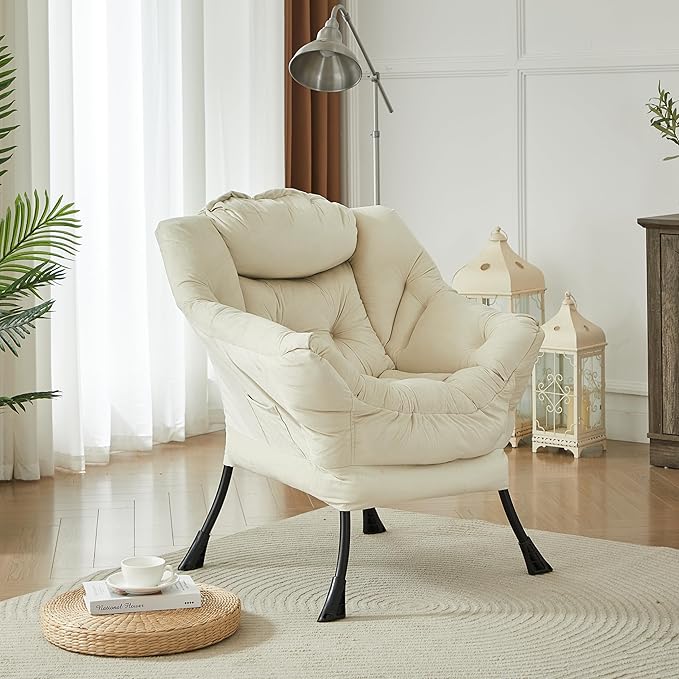 HollyHOME Modern Fabric Large Lazy Chair, Accent Oversized Comfy Reading Chair, Thick Padded Cozy Lounge Chair with Armrest, Steel Frame Leisure Sofa Chair for Living Room, Bedroom, Dorm, Beige
