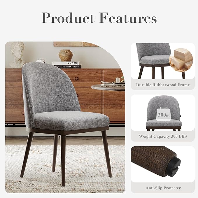 Upholstered Dining Chairs Set of 2, Large Dining Room Kitchen Chairs with High Back and Deep Seat, Modern Fabric Dinner Chairs with Wood Legs, Dark Grey