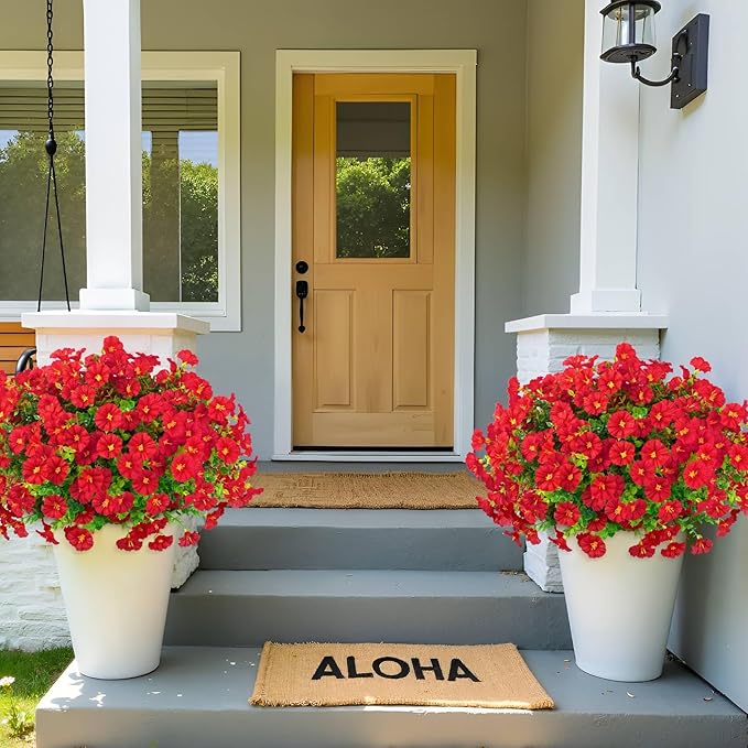 Ouddy Decor 24 Bundles Artificial Flowers for Outdoors Decoration Fake Silk Morning Glory Flowers Faux Eucalyptus Plants UV Resistant for Porch Patio Garden Spring Summer Home Decor, Red