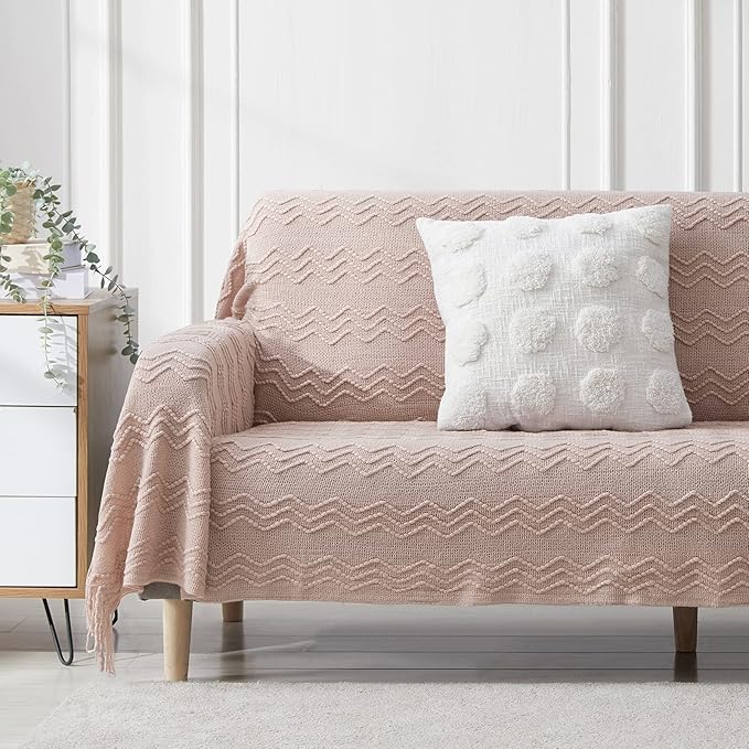 BOURINA Pink Throw Blanket 50 x90 Inches Throw Textured Solid Soft Sofa Throw Bed Runner Couch Cover Knitted Decorative Blanket Bed Runner