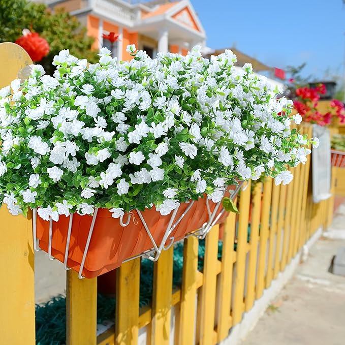 SITUMEIZI 8 Bundles White Artificial Flowers Outdoor Fake Flower Plastic UV Resistant Shrubs Greenery Plants Hanging Decorations Garden Porch Window Box Farmhouse Outside Summer Indoor Decor