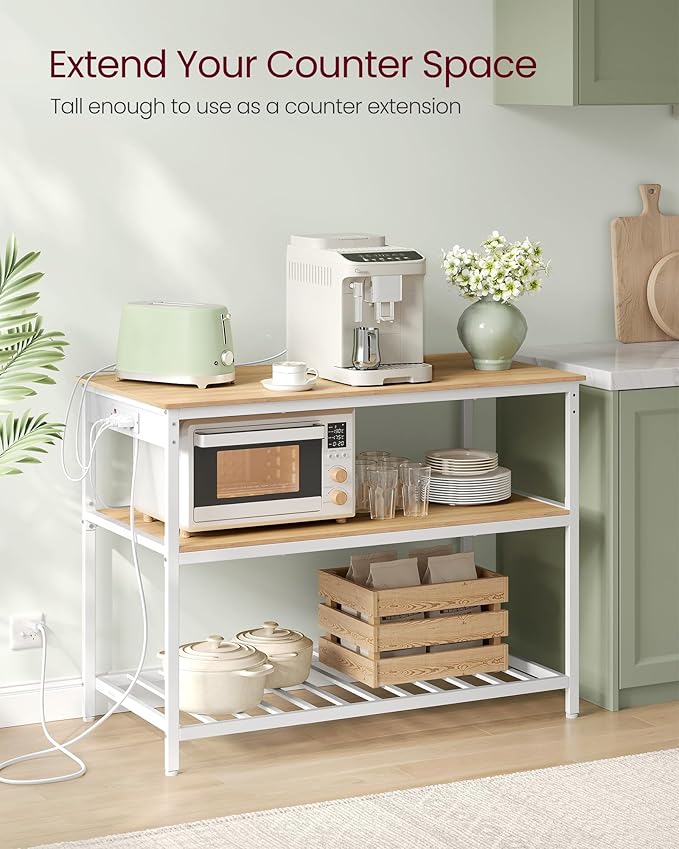 VASAGLE Kitchen Island with 3 Shelves, Kitchen Shelf with Power Strip, 23.6 x 47.2 x 34.9 Inches, Large Worktop, Steel Structure, Industrial, Easy to Assemble, Oak Color and White UKKI101Y01