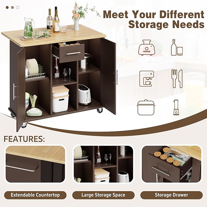 Shintenchi Kitchen Island with Storage, Bar Cart Cabinet Island Table on Wheels, Rolling Microwave Cart for Kitchen with Drop Leaf, Drawers, Towel Rack, Seating Area for Dining Room, Brown