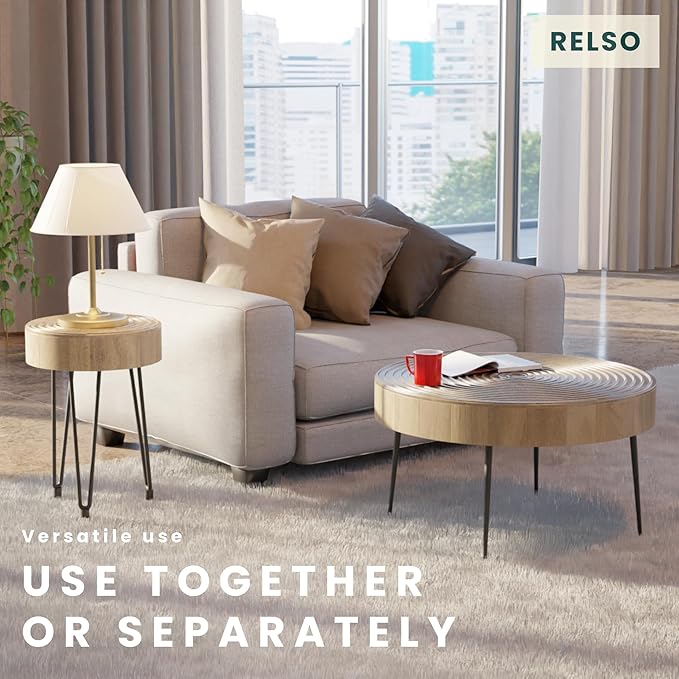 Relso Aspen Round Nesting Coffee Table Set of 2 – Solid Wood Nesting Tables with Metal Legs, Natural Finish | End Table with Ring Pattern | Modern Accent Tables for Living Room, Boho, Farmhouse Decor