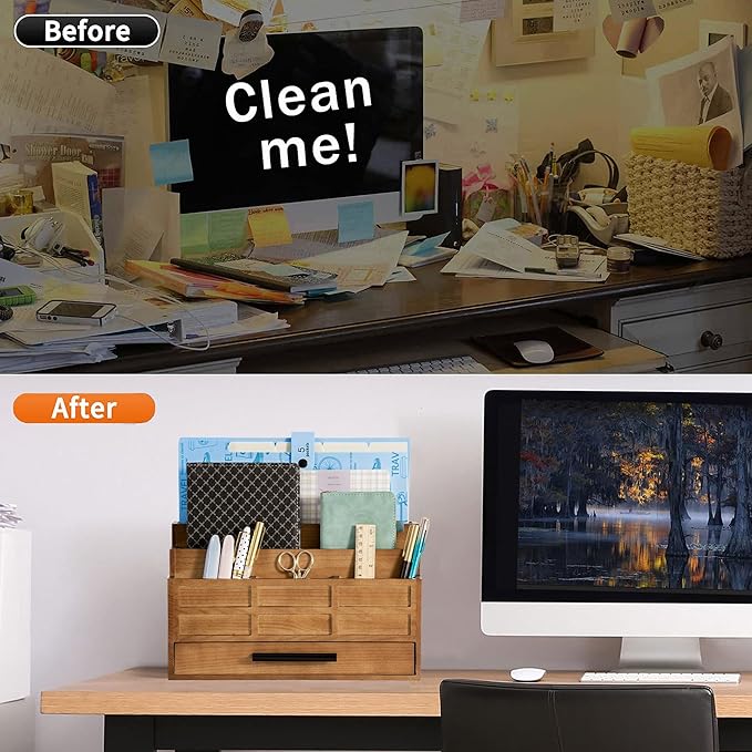 Brown Wood Desk Organizer and Accessories with Drawer, Bill Mail Organizer and File Mail Holder for Office Supplies, Rustic Desk Accessories & Workspace Organizers