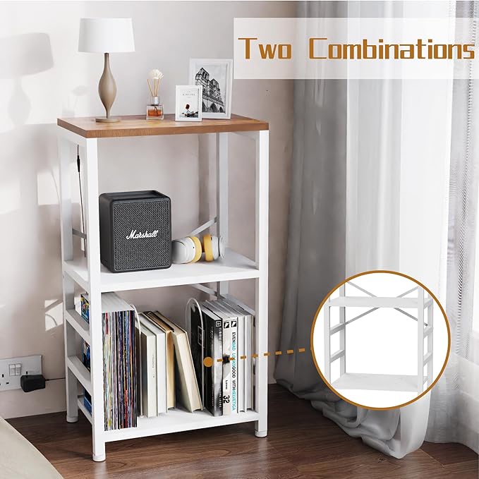 End Table with LED Light,Record Player Stand with Albums Storage,Vinyl Records Storage,Turntable Stand Side Table for Music Room Studio Living Room Bedroom-White