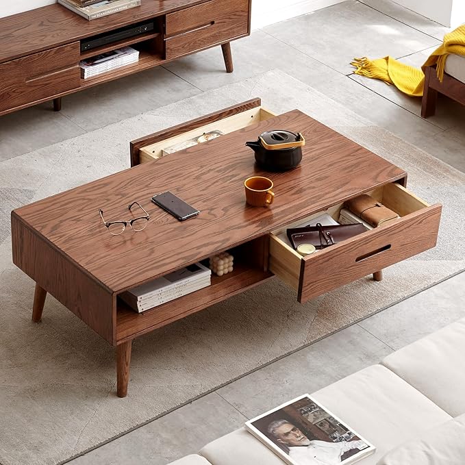 100% Solid Wood Coffee Table with Storage, Mid Century Modern Coffee Tables for Living Room, 39.37" W Coffee Table with 2 Drawers for Home (Oak Walnut Colour)