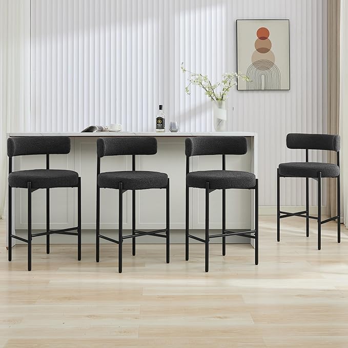 28'' Boucle Bar Stools Set of 4, Black Bar Stools with Backs, Counter Height Bar Height Stools for Kitchen Island, Upholstered Bar Chairs