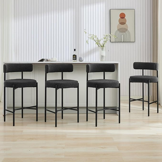 28'' Boucle Bar Stools Set of 4, Black Bar Stools with Backs, Counter Height Bar Height Stools for Kitchen Island, Upholstered Bar Chairs
