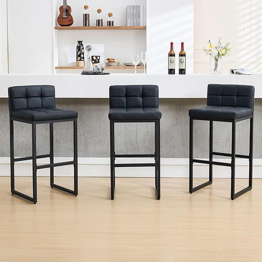 Bar Stools Set of 3, PU Leather Bar Height Barstools, 30" High Top Bar Stools with Back and Thickened Metal Legs, Upholstered Island Chairs for Kitchen Island (Black, 3Pcs 30" Bar Stools)