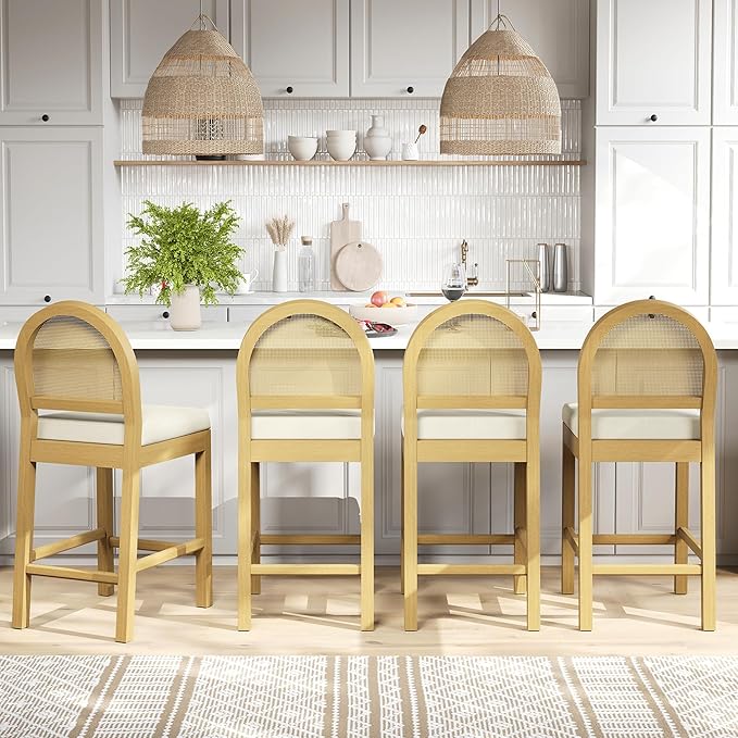 STHOUYN Upholstered Rattan Bar Stools Set of 4, Wooden Counter Height Stools with Natural Rattan Woven Back and Chenille Seat, Mid-Century Modern Island Chairs Barstools for Kitchen (4, Cream White)