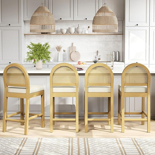 STHOUYN Upholstered Rattan Bar Stools Set of 4, Wooden Counter Height Stools with Natural Rattan Woven Back and Chenille Seat, Mid-Century Modern Island Chairs Barstools for Kitchen (4, Cream White)