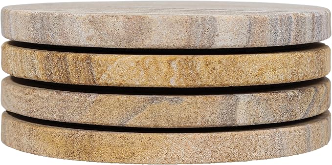 Sandstone Water Absorbent Hand Crafted Round Coasters for Drinks - 4 Inches Wide Thirsty Stone Bar/Drink Coasters- Made from Rainbow Sandstone (Set of 4 Without Holder)