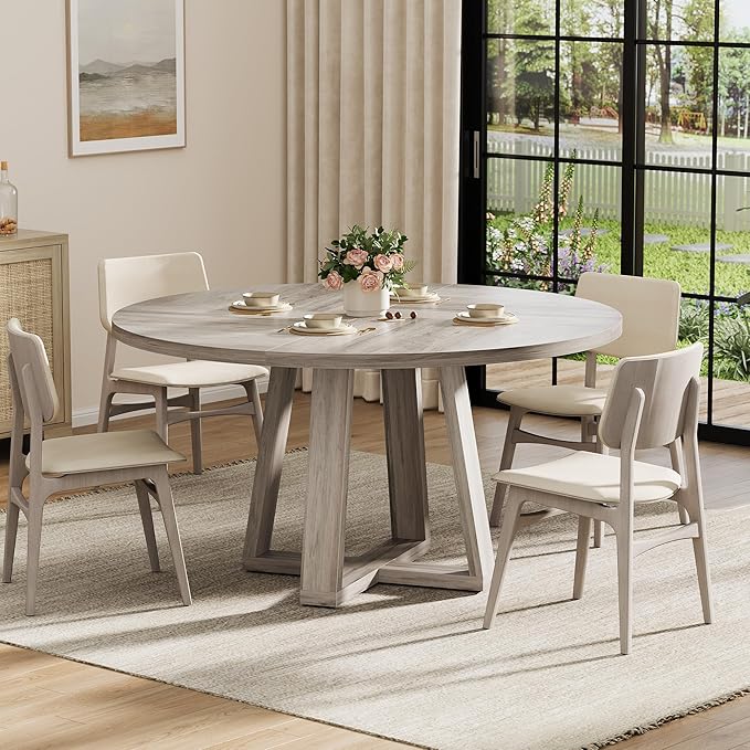 GAOMON Round Dining Table for 4-6, 47" Circle Dining Room Table with Sturdy Cross Base, Farmhouse Wood Dinner Table for Apartment Kitchen Living Room, Grey (Table Only)