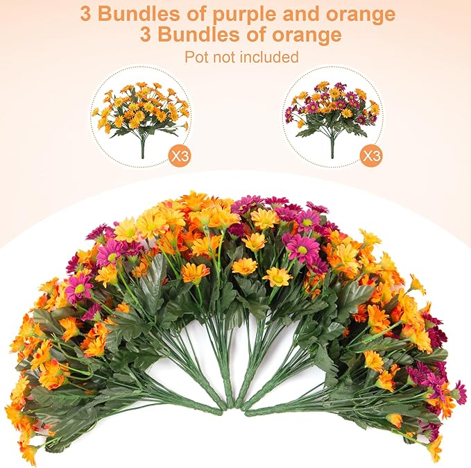 Fake Mums Fall Artificial Flowers for Outdoor Decoration, 6 Bundles Faux Silk Daisy Flowers Realistic UV Resistant No Fade Fall Fake Plants for Home Patio Porch Garden Window Box Decor(Purple Orange)